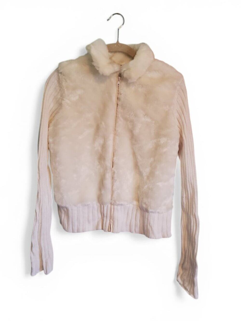 Vintage Y2K White Fur Zip Up Cardigan Sweater Size Small Tiara International